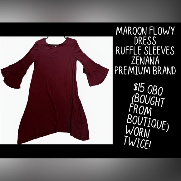 Zenana Outfitters Dresses & Skirts - Zenana Outfitters Maroon Flowy Dress with Ruffle Sleeves